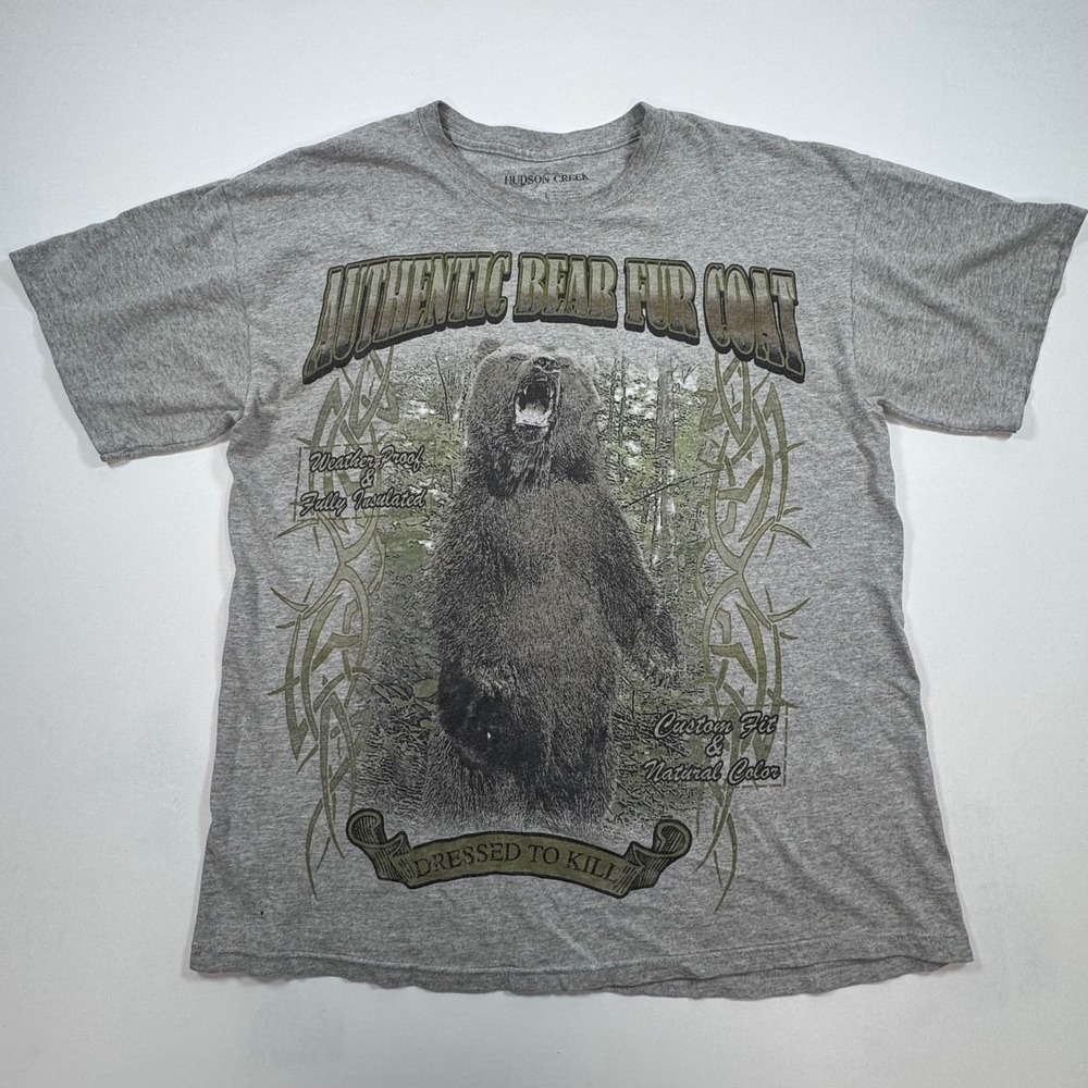 Hudson Creek Mens Authentic Bear Fur Coat Graphic Tee Gray Large L